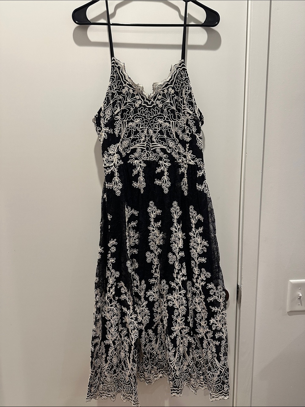Express Dress with White Floral Lace Overlay - Elegant Spaghetti Strap Dress